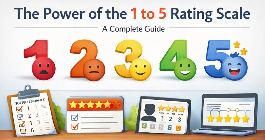 The Power of the 1 to 5 Rating Scale – A Complete Guide,” showing colorful numbers 1 to 5 with facial expressions ranging from unhappy (1) to very happy (5). Below are visuals of survey and feedback tools, including a checklist, star ratings, a user rating card, and a laptop displaying five-star reviews, representing customer feedback and satisfaction measurement.