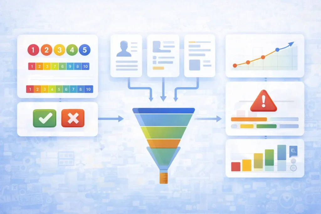 Illustration showing how customer feedback data flows from rating scales, survey responses, and binary yes-no inputs into a central analytics funnel, transforming feedback into insights such as trends, alerts, and performance charts for customer experience analysis and decision-making.